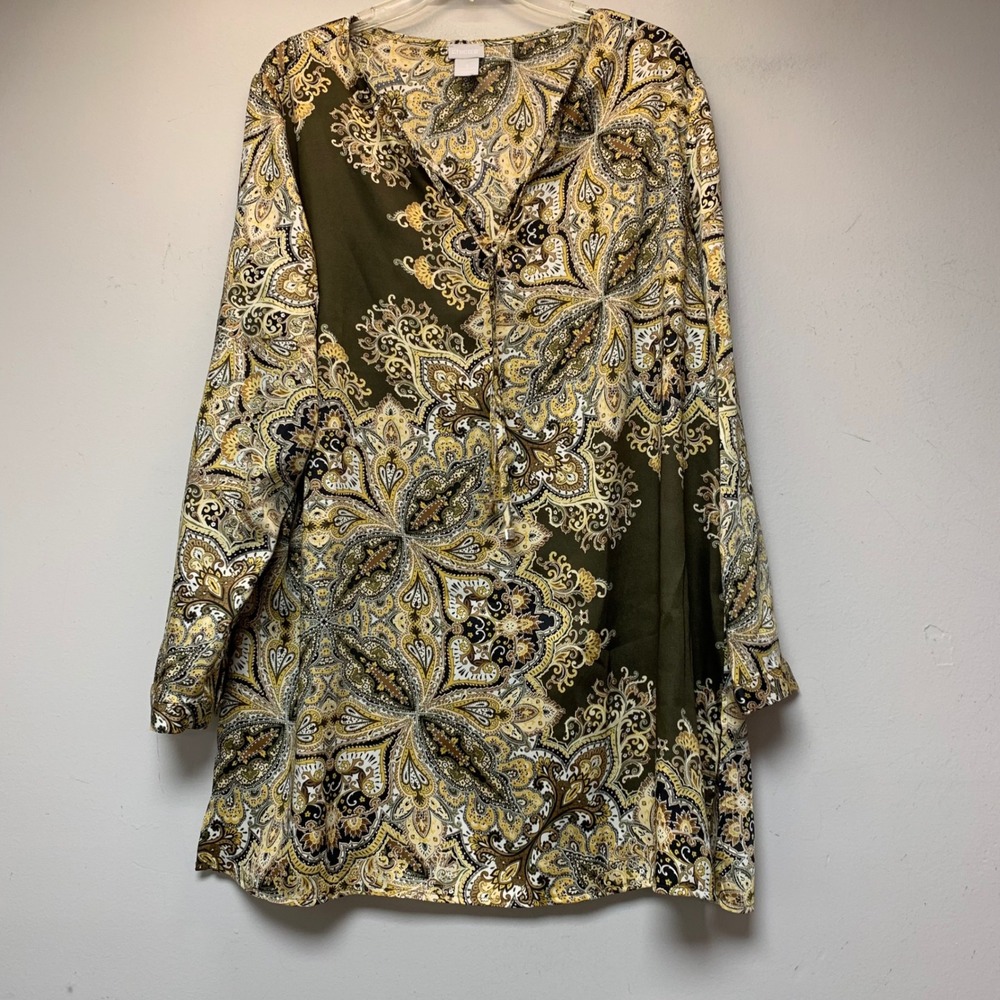 Chico's Plains Medallion Tunic Womens 3 16/18 Olive NWT Paisley Kurta 570314368